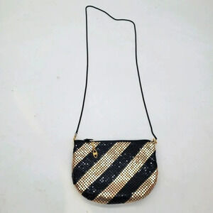 Vintage Beadlite Metal Mesh Chain Shoulder Bag Purse Black Gold Modern Small